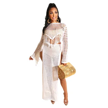 

Hand Crochet Fishnet Hollow Two Piece Set Women Tassels Long Sleeve Crop Top+Side Split Maxi Skirts Suits Summer Beach Outfits