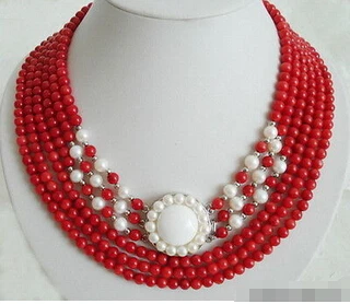 

FREE SHIPPING6 Rows Red Coral White Pearl 18KWGP Flower Clasp Pendant Necklace