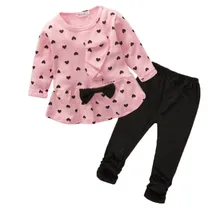 Одежда для маленьких девочек; хлопковый Детский костюм для спорта и отдыха с принтом «любовь»; футболка с длинными рукавами и штаны; костюм с бантом; детская одежда