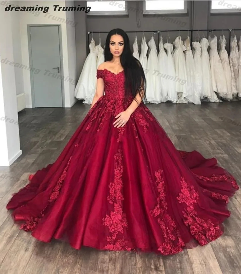 Бальное платье бордовые платья Quinceanera с открытыми плечами Аппликации Тюль Плюс размеры Выпускные платья темно красный сладкий 16