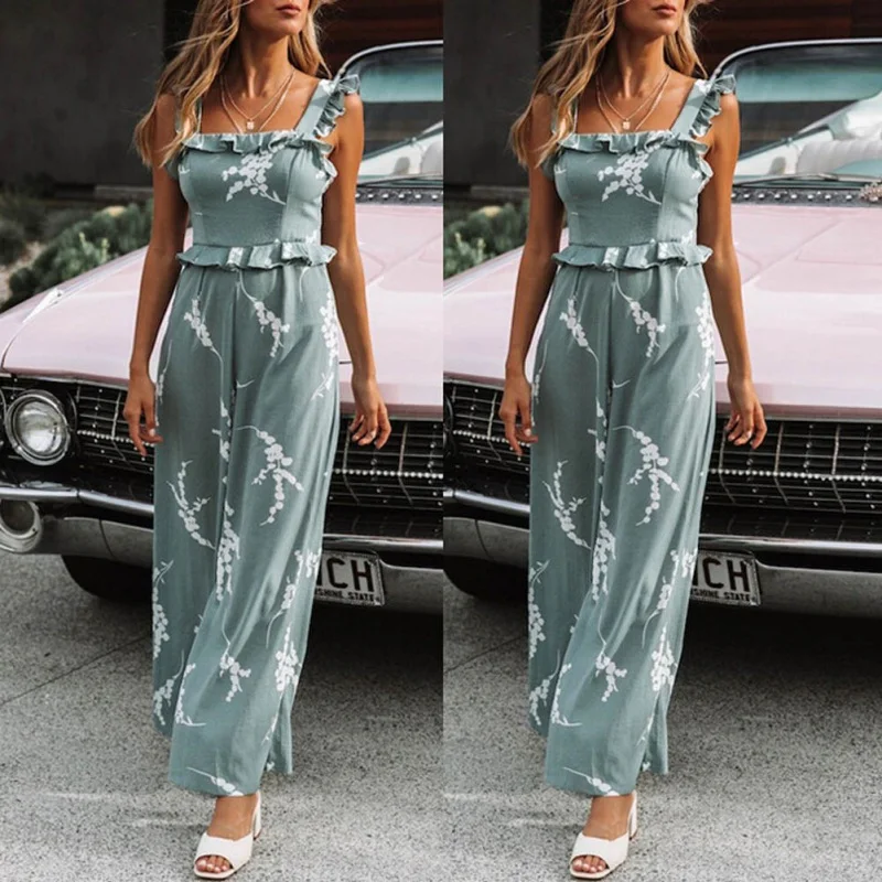 new sexy straps ruffled printed one-piece trousers women vintage backless print female Siamese trousers Lake Blue summer