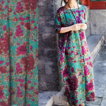 

Jane YU Retro Art Green Bottom Big Flax Linen Linen Printed Fabric Cloth Qipao Dress Gown Garment Fabric