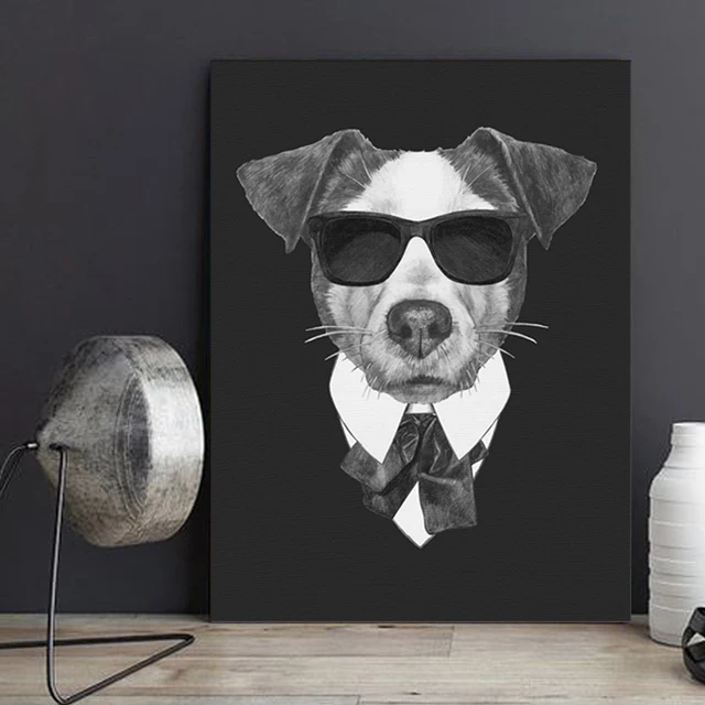 Black Simple Mafia Dog Art Painting Poster on Canvas for Home