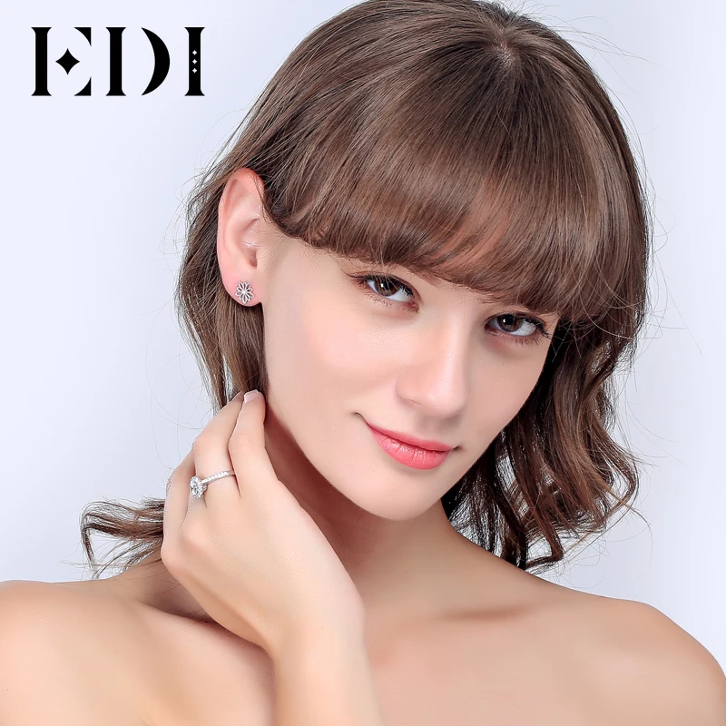 EDI Genuine Natural 0.06cttw Diamond Real 18k White Gold Stud Earrings For Women Wedding Fine Jewelry