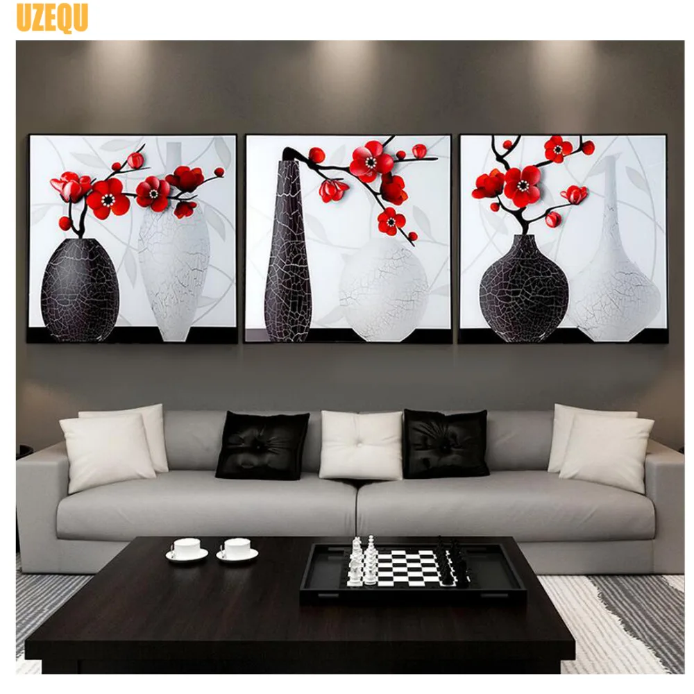 

UzeQu Triptych 5D DIY Diamond Painting Cross Stitch Flower Vase Diamond Embroidery Full Round Mosaic Painting Rhinestones Decor