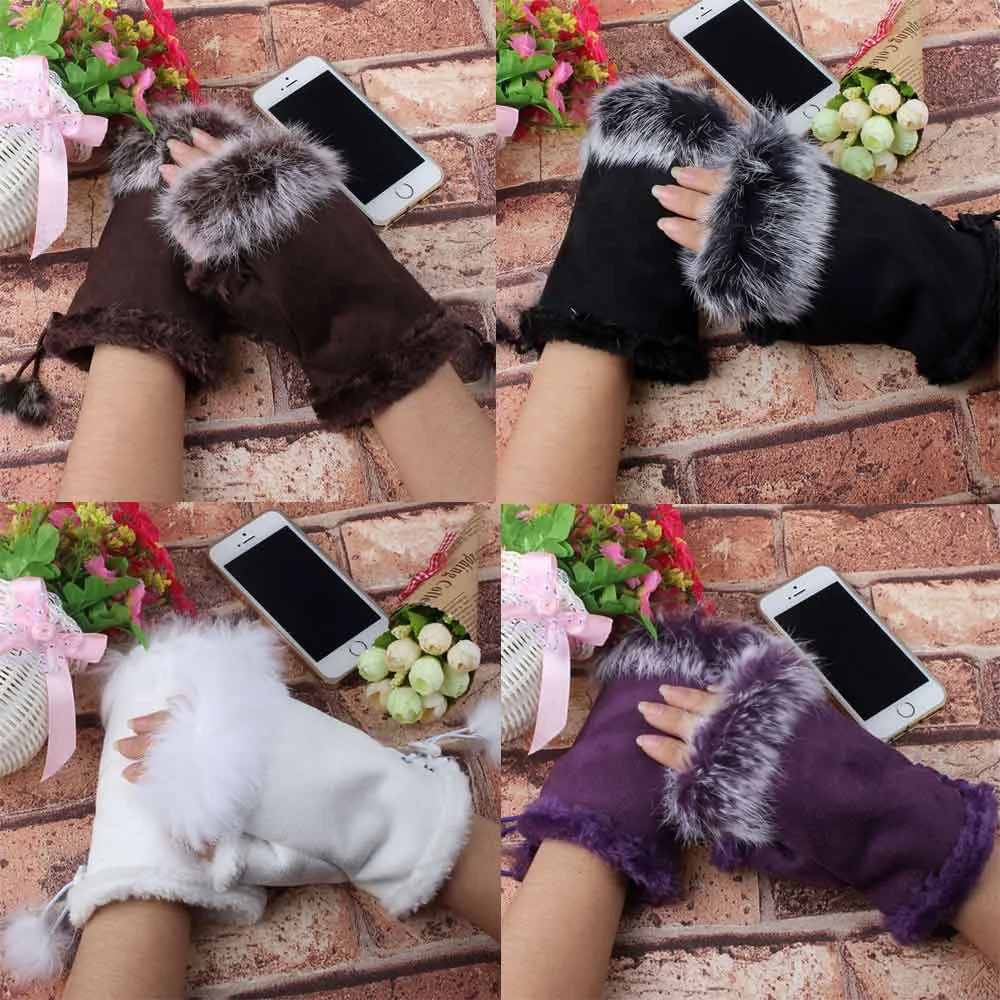 

Women Girl Faux Rabbit Fur Wrist Fingerless Hand Winter Gloves Warmer female gloves Women Winter Warm Gloves
