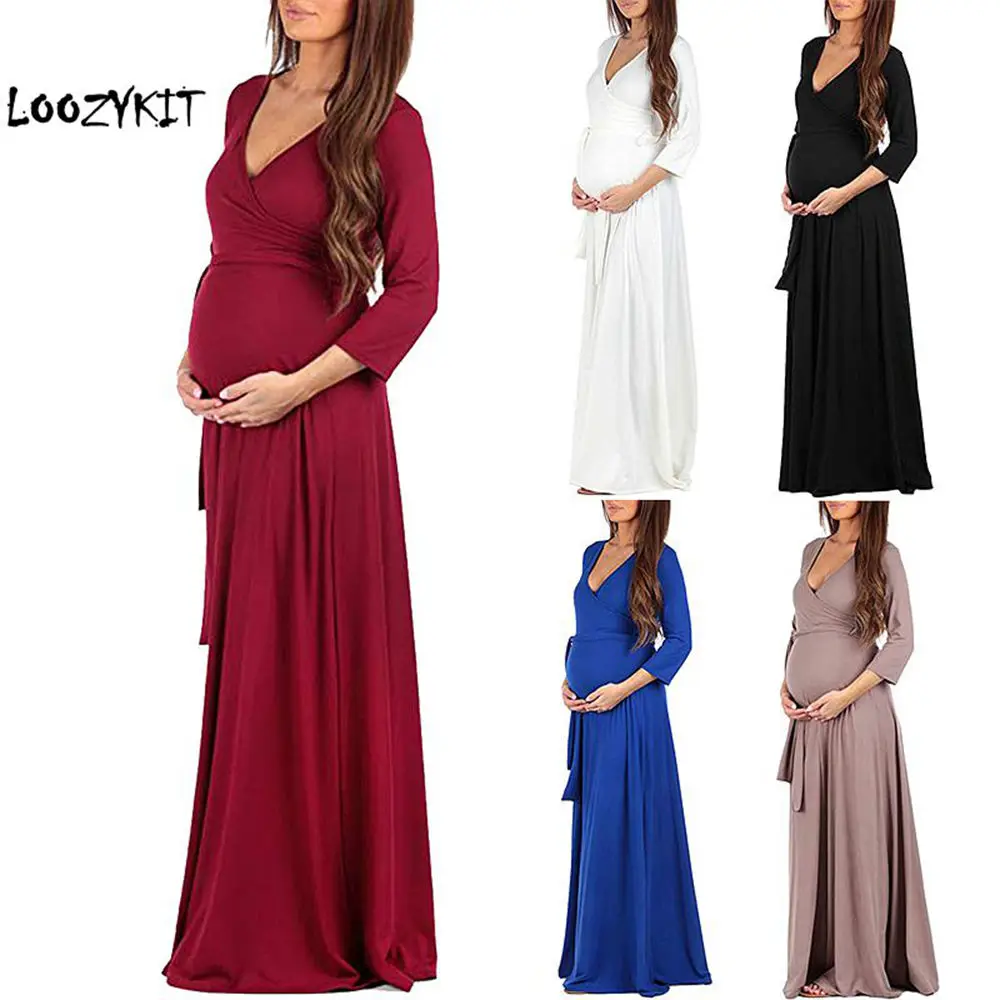 

Loozykit Women Dresses Summer Long Pregnant Nursing Pregnancy Dress Solid Maternity Photography Clothing Hollow Out Party Dress