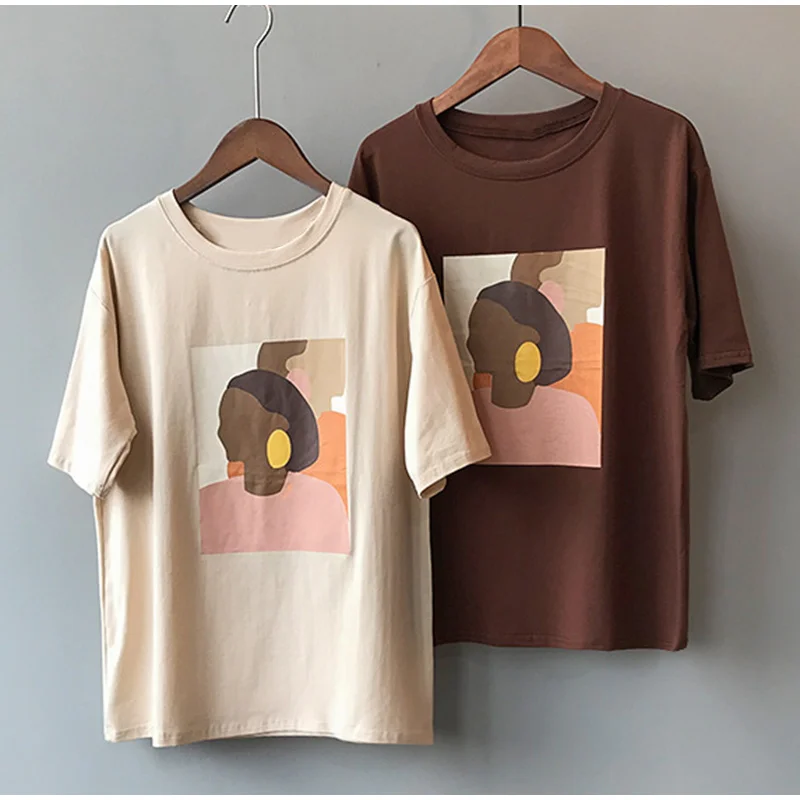 

Print Funny Short Sleeve Womens White T-Shirts Khaki O-neck Loose Casual Woman Splice TShirt 2019 Summer Tee shirts Ladies Tops