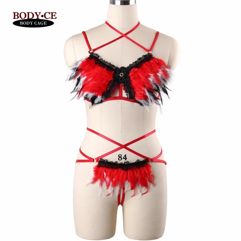 Body Cage Goth Fearhers Bralette Red Sexy Tops Bondage -6187