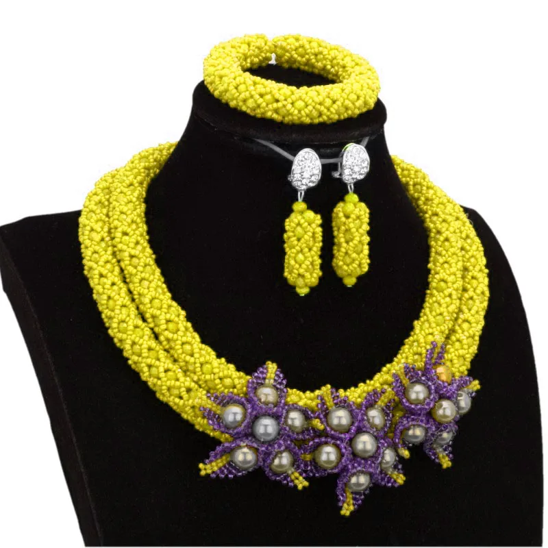 yellow 4UJewelry Dubai Jewelry Set Nigerian 2 Layers Handmade Flowers African bridal Beads Set Yellow / Red / Royal Blue / Orange - Окраска металла: yellow