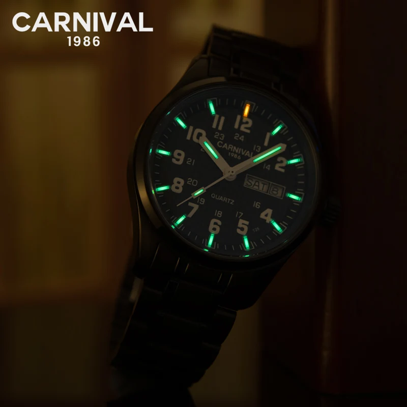 Carnival Men Tritium Light Watch T25 Date Day Quartz Japan Movement Tritium Gas Luminous Military W