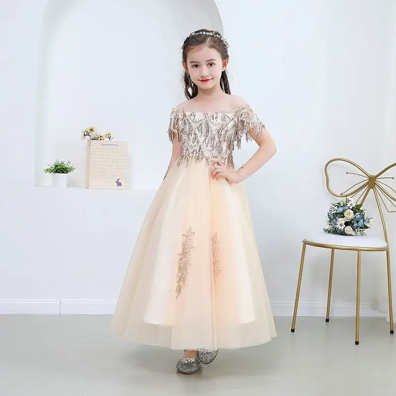 

2019 New Kids Girl Lace Mesh Princess Dress Children Bridesmaid Wedding Ball Gown Baby Girl Christmas Birthday Party Dresses Q27