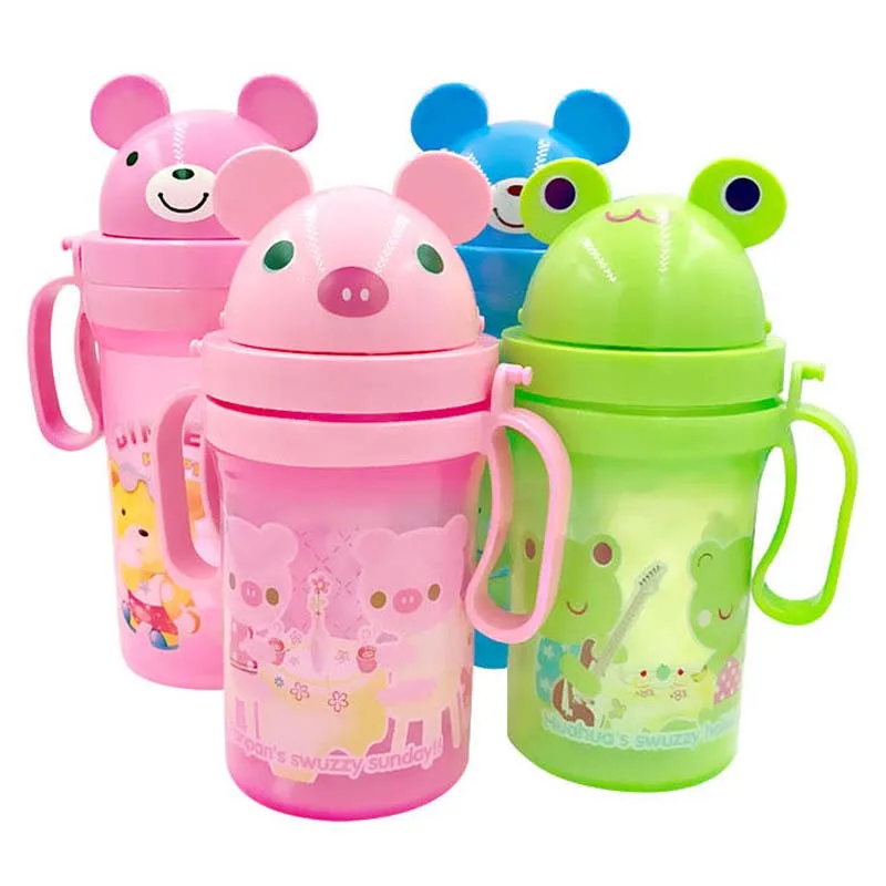 400ml Cartoon Kid Drinking Cup with a Straw Leakproof Portable Rope
