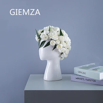 

GIEMZA Large Face Vases White Head Vase Ceramic Black Open Portrait Hollow Hole Dried Flower Arrangement Vintage
