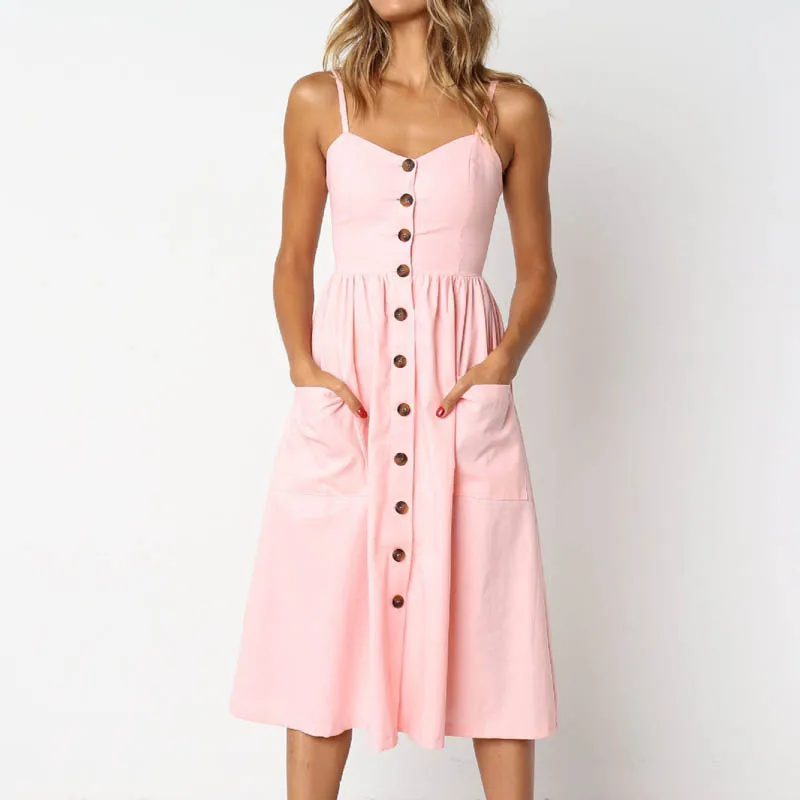 ELSVIOS Women Sexy Backless Printed Beach Summer Dress Ladies V-neck Buttons Spaghetti Strap Dresses Casual Pockets Midi Dress - Цвет: Pink