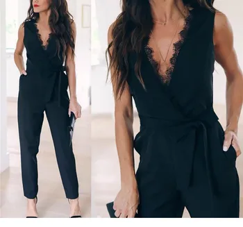 

2019 Women Lace Jumpsuits Female Overalls Belted Deep V Neck Sexy Bodysuits Elegant Summer Club Playsuits