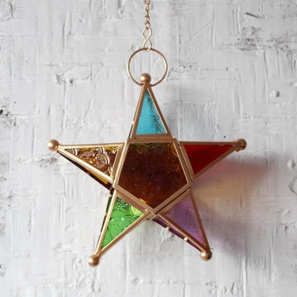 Five-pointed Star Candle Holder Moroccan Style Hanging Glass Metal Lantern TN99