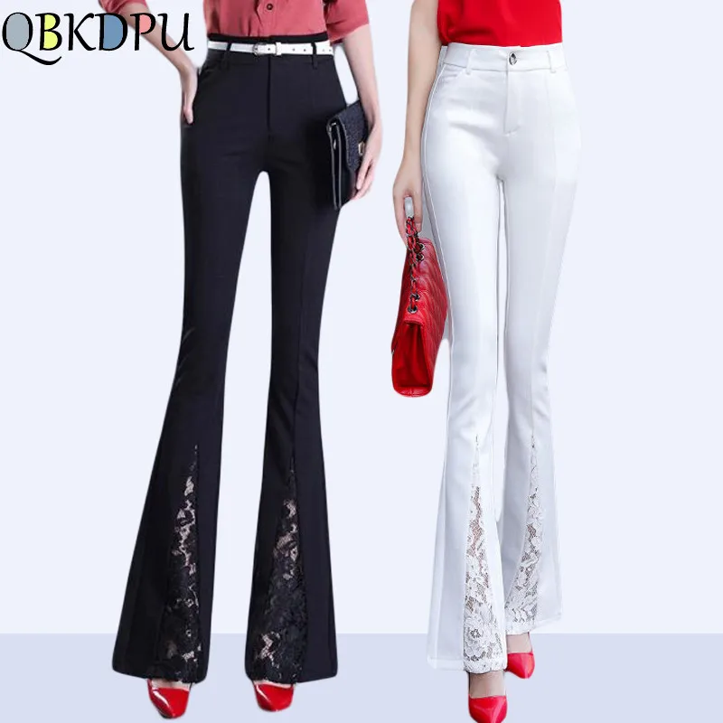 Elegant Office Lady Lace Embroidery Stitching Flared Pants Womens Sexy High Waist Bell Bottom Pants Casual Stretch OL Trousers