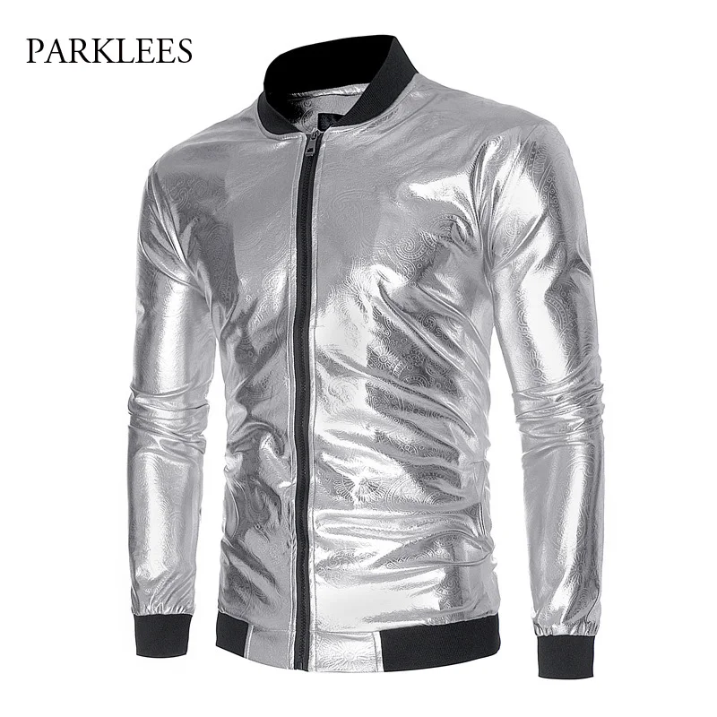 

Shiny Silver Metallic Baseball Jacket Men Stylish Paisley Floral Print Windproof Mens Jackets Nightclub DJ Stage Perform Clothes