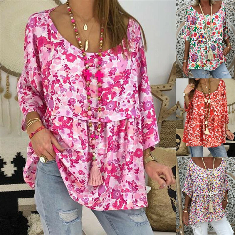 

Womens Summer Floral Shirts Loose Casual Ladies O-Neck Blouses Long Sleeves Baggy Tops Flowers Women Pullover Shirts