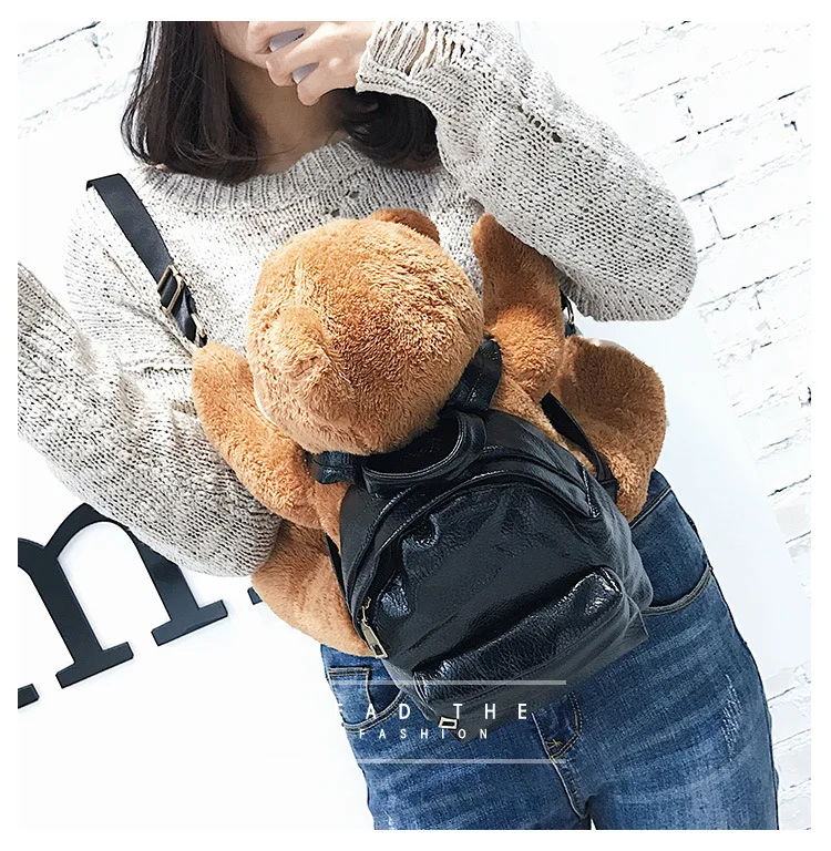 Зимний модный кожаный рюкзак для девочек, школьный рюкзак с Плюшевым Мехом и медведем, женский рюкзак для отдыха, женская сумка с животным принтом