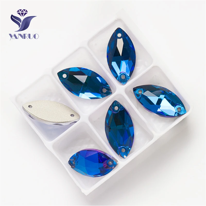 

YANRUO 3223 All Sizes Blue Zircon Strass Flatback Rhinestone Sew On Crystal Navette Shape For Wedding Dress