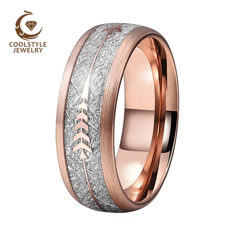 Rose Gold Wedding Ring Men Women Tungsten Ring Brushed Finish With Imitated Silver Meteorite And Rose Gold Arrow Inlay