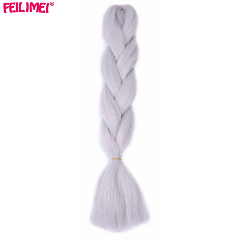 Feilimei Grey Braiding Hair Extension Синтетическое японское волокно Jumbo Braids 60cm 100g / pc Фиолетовый / Синий / Блондинка / Черный Вязание крючком Волосы