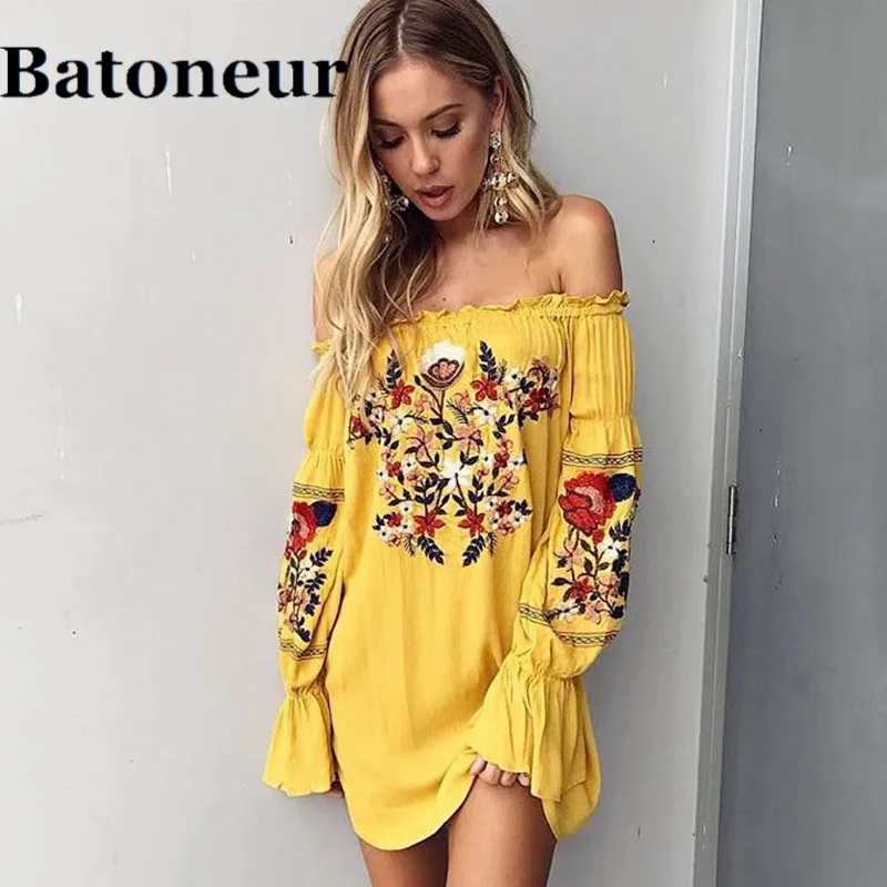 Summer-Boho-Embroidery-Floral-Beach-Dress-Chiffon-Mini-Women-Yellow-Off-Shoulder-Flower-Short-Dress-Lantern