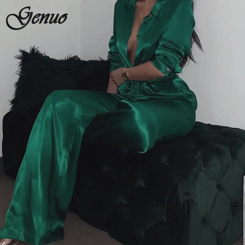 Genuo Elegant Loose Satin Bodycon Bandage Jumpsuit Women 2019 Spring Sexy Solid Lapel Deep V Neck Playsuits Ladies Streetwear Genuo Elegant Loose Satin Bodycon Bandage Jumpsuit Women 2019 Spring Sexy Solid Lapel Deep V Neck Playsuits Ladies Streetwear