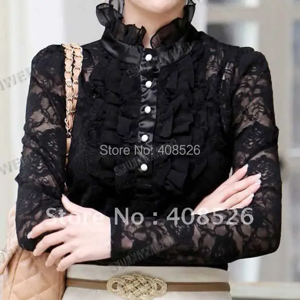 Women New High Neck Long Sleeve Lace Blouse Tops with