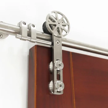 

5ft-12ft Stainless steel brushed rotatable spoke wheel sliding wood barn door hardware with movable decoration core