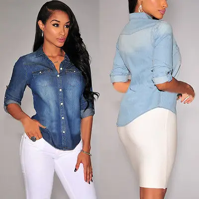 

Women Casual Blue Jean Denim Long Sleeve Shirt Tops Blouse