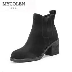 MYCOLEN Новые поступления из натуральной коровьей кожи Ботильоны удобные ботинки челси женская обувь круглый носок Эластичная лента ручной