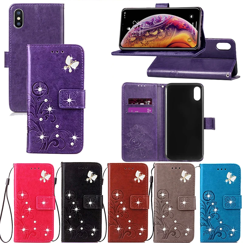 Кошелек чехол для iPhone XS XR 3D ручной Bling бабочка с кристаллами Цветочные тиснением PU