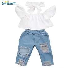 LONSANT/Модная одежда для маленьких девочек комплект из 3 предметов, Детские укороченные топы с открытыми плечами+ рваные джинсовые штаны, джинсовая повязка на голову, одежда для малышей