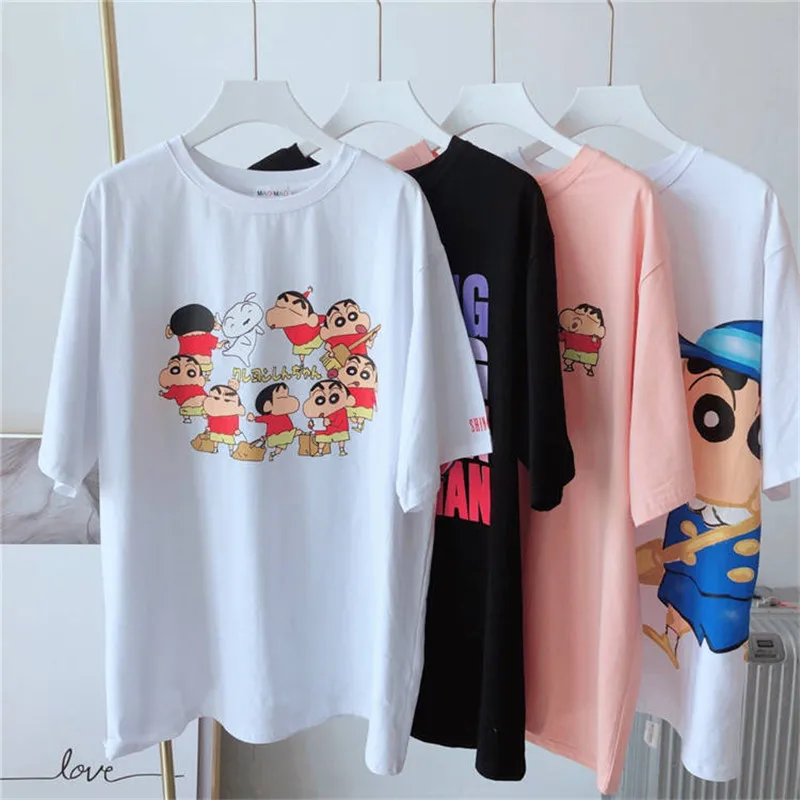 Длинные футболки Crayon Shin Chan, женские футболки с аниме, уличная одежда, летняя футболка с мультяшным принтом размера плюс, женские милые футболки, топы