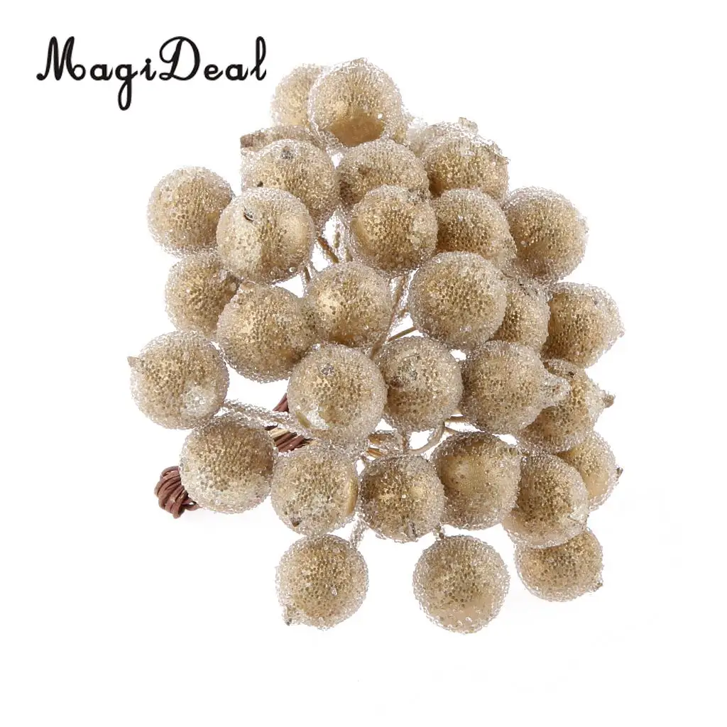 MagiDeal 200 pcs Mini Artificial Frosted Berries Christmas Frosted Fake Fruit Berry Holly Artificial Plant Decor Gold
