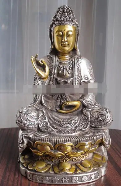 

8" tall Tibetan Buddhist bronze cated silver Kwan Kuan Guan Yin Buddha statue
