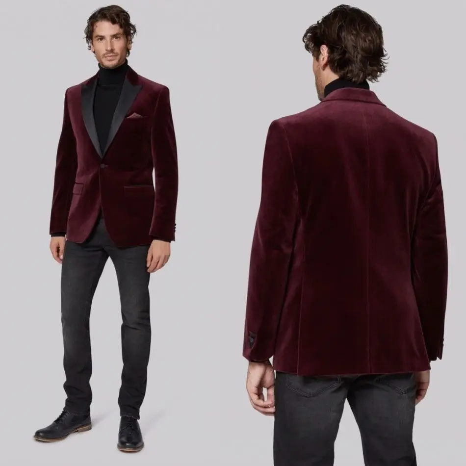Бордовый бархатный мужской пиджак Нотч лацкан Свадебные смокинги для жениха портной Fit