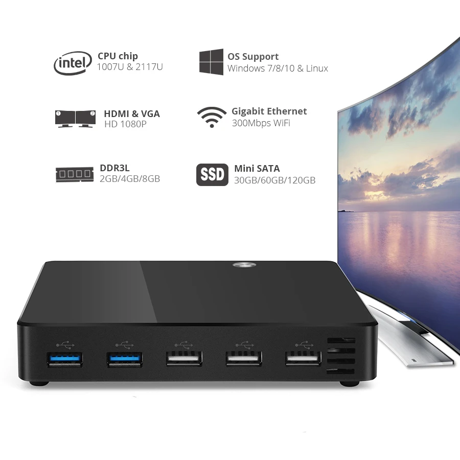 Мини ПК Intel Celeron 1007U Pentium 2117U Windows 10 300 Мбит/с WiFi Gigabit Ethernet HDMI VGA 2* USB3.0 3* USB2.0 tv BOX