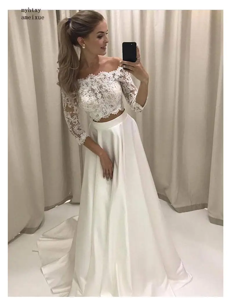 Sexy White Boho Wedding Dress Lace 3 4 Sleeves Chiffon Simple
