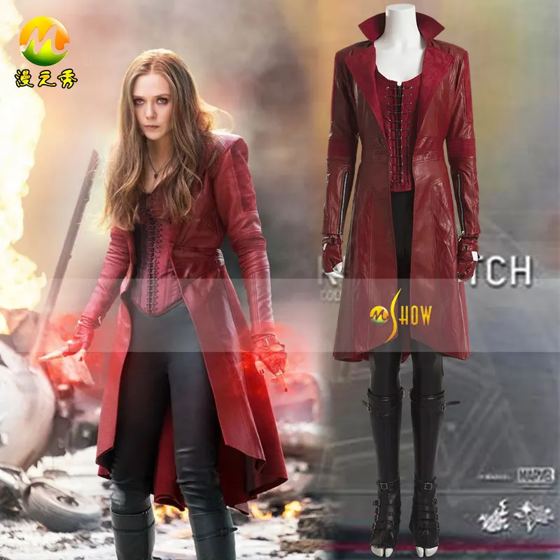 

Captain America 3 Scarlet Witch Costume Cosplay Halloween Civil War Scarlet Witch Costume Long Red PU Leather Coat Cosplay