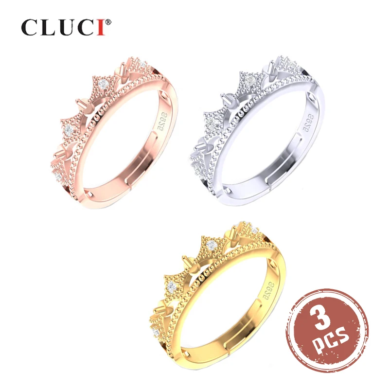 

CLUCI 3pcs Silver 925 Women Crown Rings Jewelry Adjustable Pearl Ring Mounting Zircon 925 Silver Open Classic Crown Rings