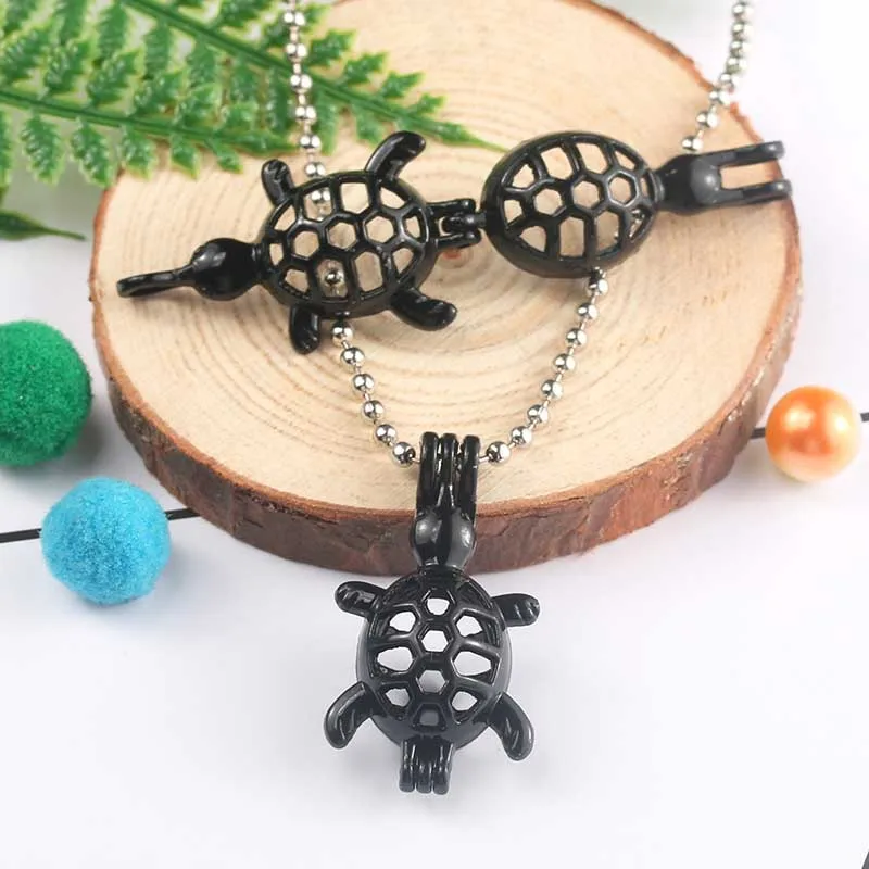 

Black Cute Turtle Pearl Cage Pendant Necklace Aromatherapy Essential Oil Diffuser Locket Oyster Pearl Jewelry Fun Gift