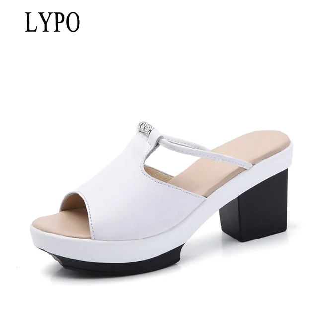 LYPO 2018 Summer New Korean Thick heel Sandals Women Shoes Genuine Leather Open Toe Rhinestone Slip High-heeled Fashion slippers