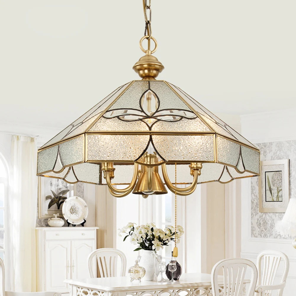 European Pure Copper Living Room Pendant Light Study Room diamond Glass Shade Copper Pendant