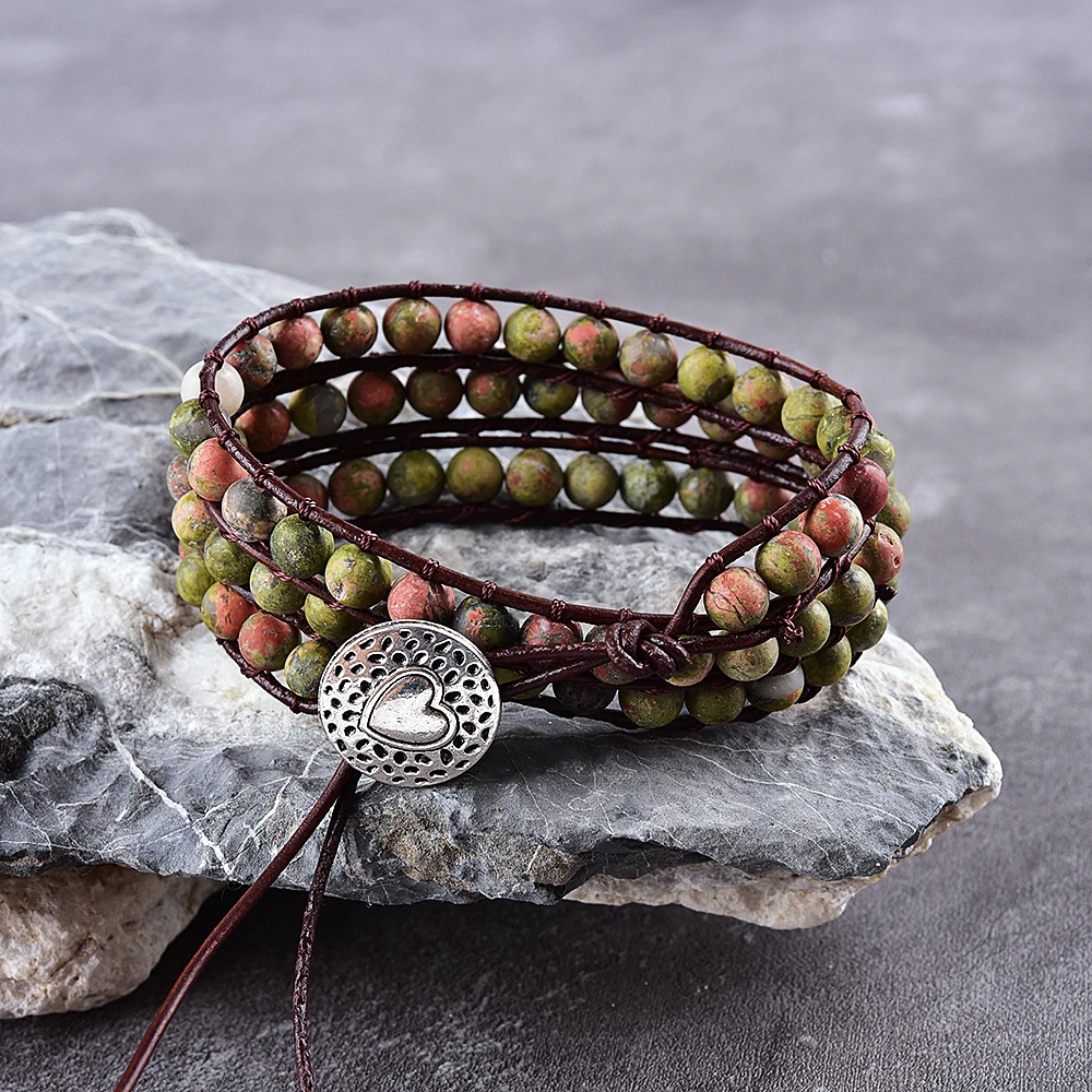 

Asingeloo Flower Grenn Natural Stone Beads 3 Wraps Strand Holiday Bohemia Bracelets for Girl and Women Punk Bracelet