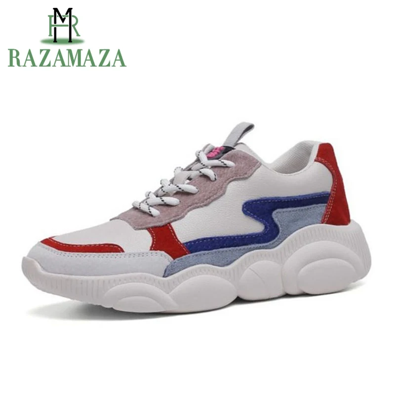 

RAZAMAZA Ins Hot Mixed Color Genuine Leather Sneakers Platform Vulcantized Shoes Women Outdoor Daily Women Shoes Size 35-39