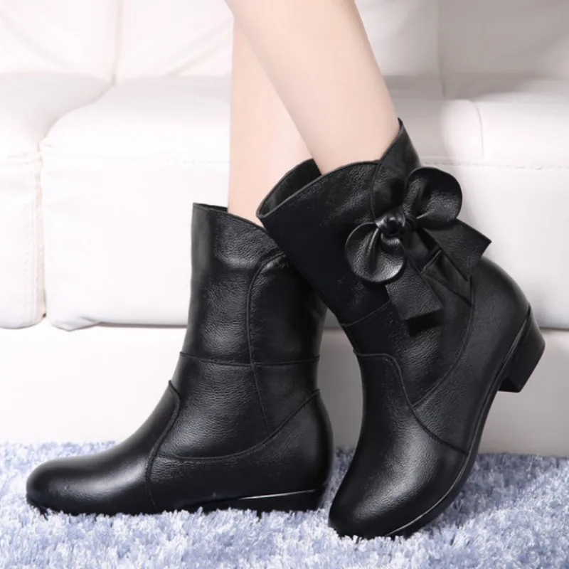 

Women Old Mother Female Ladies Shoes Boots Flower Plush Fur Winter Warm Cow Genuine Leather Mid Calf 35-41 BH-8871